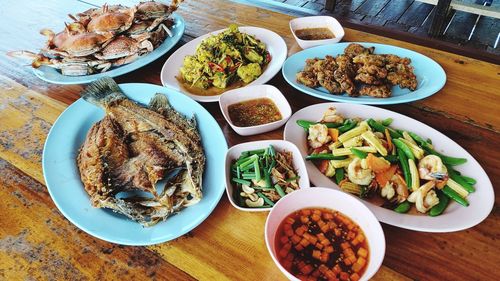 High angle view of meal served on table