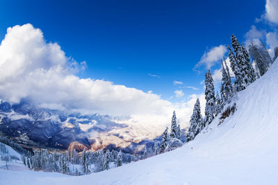 Scenic view of snowcapped mountains against sky