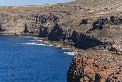 Scenic view of sea and mountains against sky