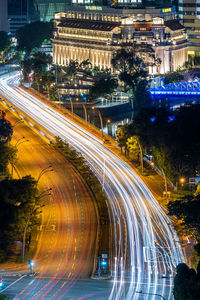 High angle view of light trails on city street