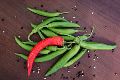 High angle view of chili peppers on table