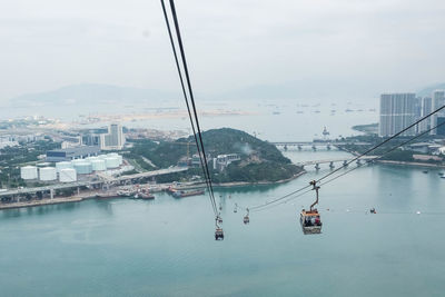Overhead cable car over sea and city against sky