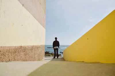 Rear view of man standing by building against sea
