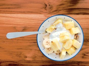 High angle view of breakfast in bowl on table