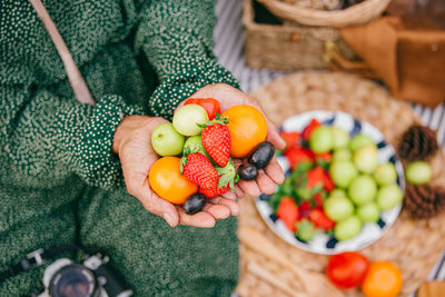 High angle view of strawberries in basket