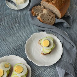 High angle view of breakfast served on table