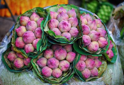 High angle view of lotus buds for sale in market