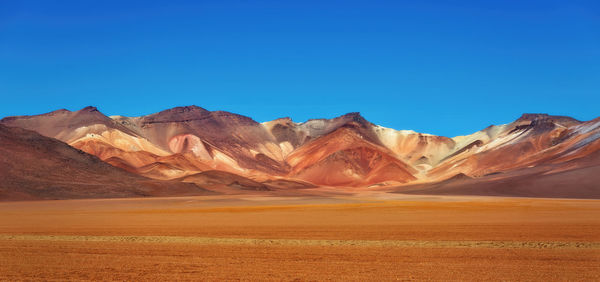 Scenic view of desert against clear blue sky