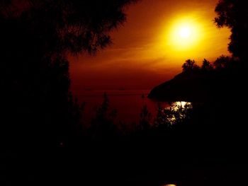 Silhouette trees by sea against sky during sunset