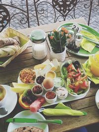 High angle view of breakfast on table