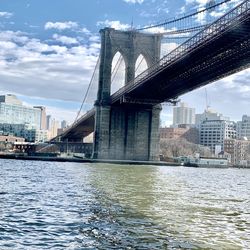 Bridge over river with city in background