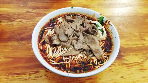 High angle view of food in bowl on table