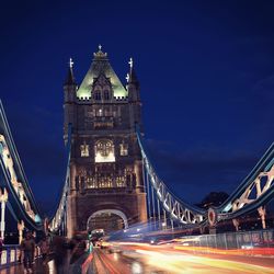 Light trails on tower bridge during dusk