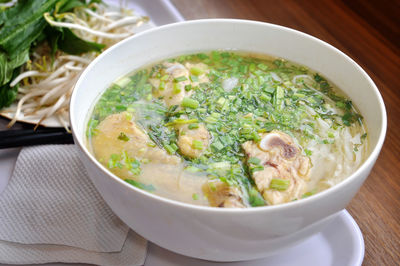 High angle view of soup in bowl on table