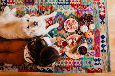 High angle view portrait of dog lying by woman on floor