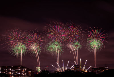 Low angle view of firework display at night