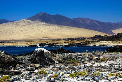 Scenic view of sea and mountains against sky