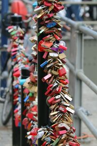 Close-up of padlocks on railing