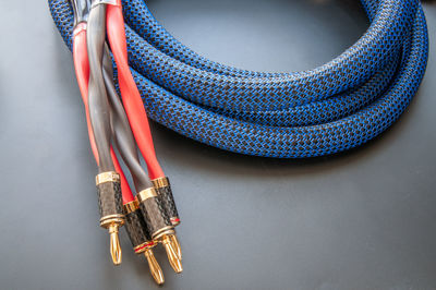 High angle view of multi colored cables on table