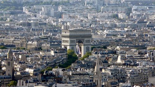 High angle view of cityscape and arc de triomphe at paris france 