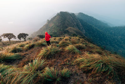 Woman standing on mountain against sky