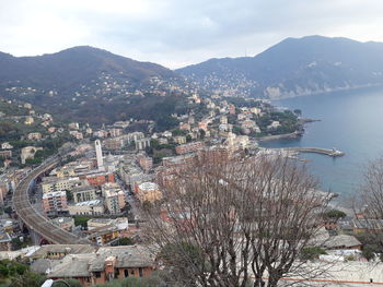 High angle shot of townscape against sky