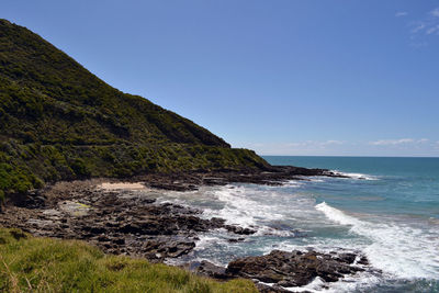 Scenic view of sea against clear blue sky