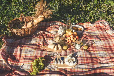 High angle view of fruits in basket on table