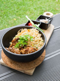 High angle view of food in bowl on table