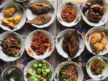 High angle view of food served on table