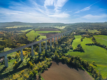 Aerial view of the railroad tracks for high-speed trains on the flyover. 