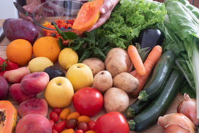 High angle view of fruits and vegetables