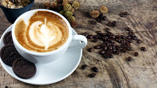 High angle view of cappuccino on table