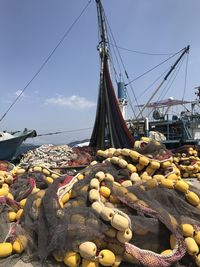 Fishing net on shore against sky