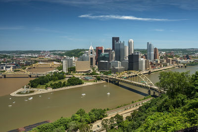 Bridge over river amidst buildings in city against sky