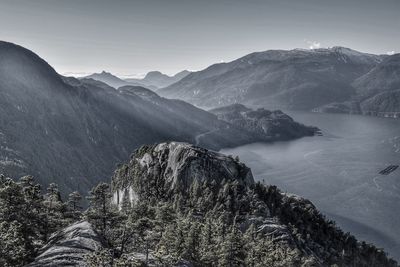 High angle view of lake and mountains against sky