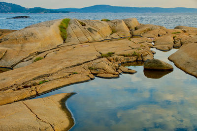 Clouds reflect in a tidal pool in the rocky coast of southeast norway 