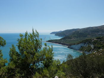 Scenic view of sea against clear blue sky