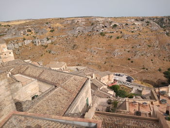 High angle view of old building against sky