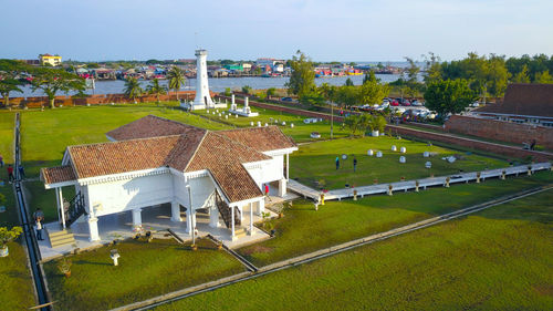 High angle view of buildings against sky