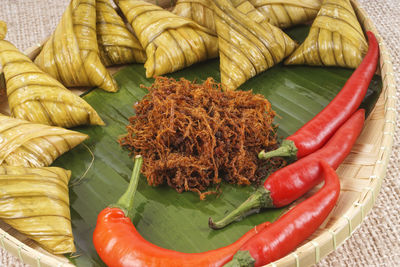 High angle view of vegetables in plate on table