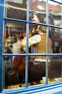 Close-up of cat by window in store