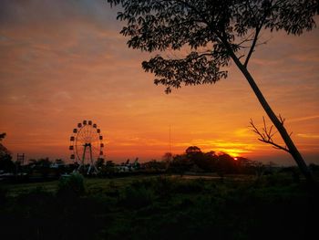 Silhouette trees on landscape against orange sky