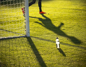 Low section of soccer player walking on grassy field