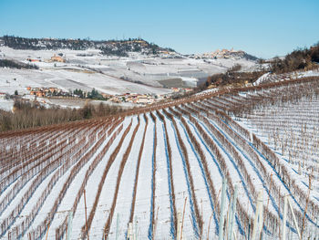 Panoramic view of agricultural field against sky