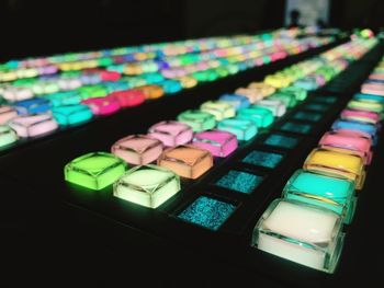 Close-up of multi colored lights on table