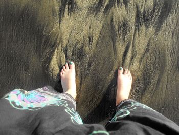 Low section of woman standing on sand