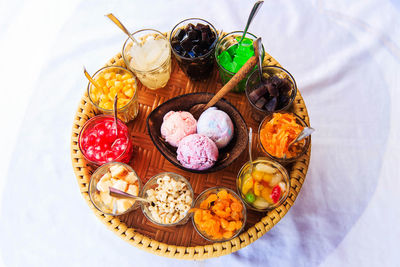 High angle view of ice cream in glass on table