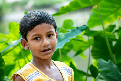 The portrait of a beautiful serene indian child in the background of a dark green forest