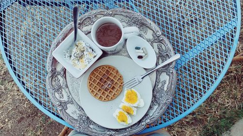 High angle view of breakfast on table